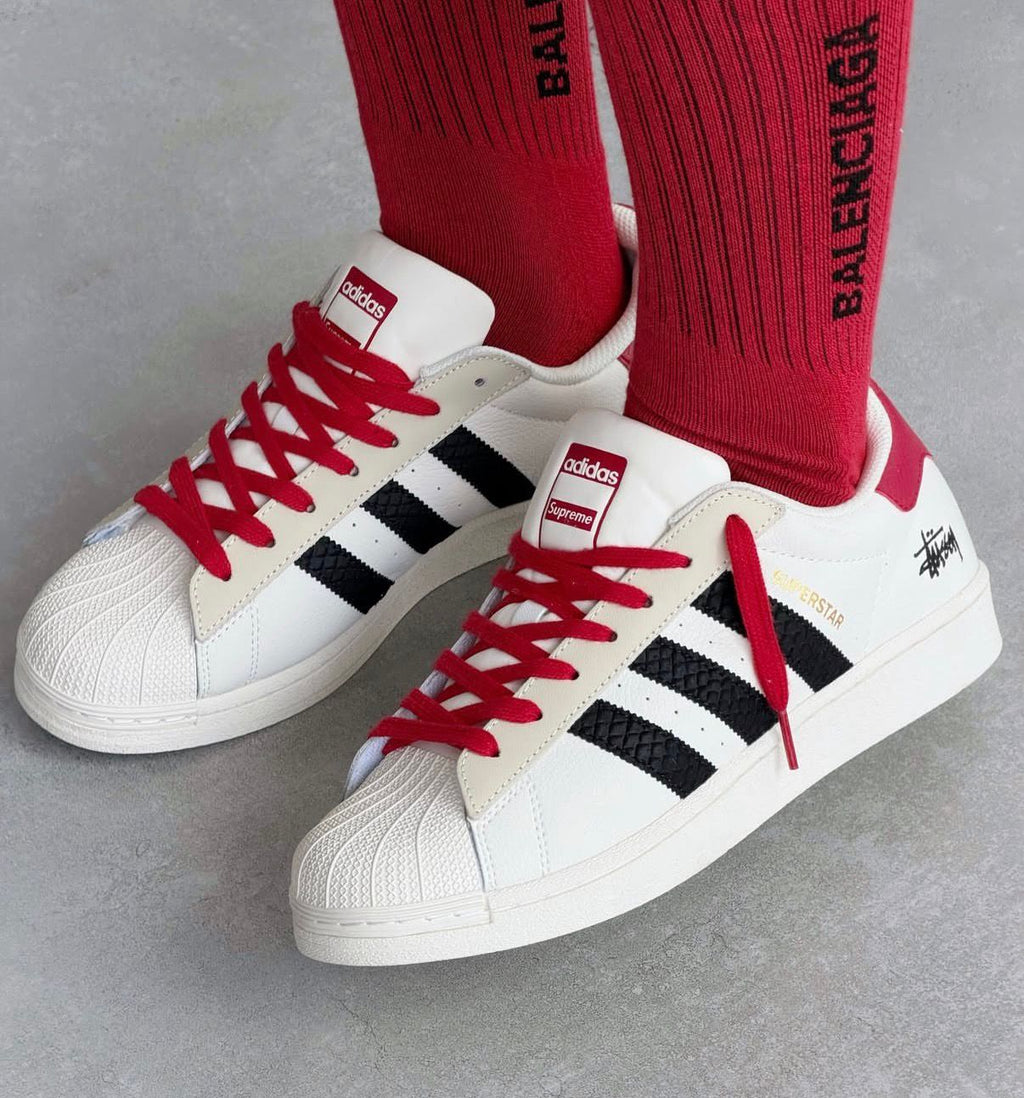 ADIDAS ORIGINAL SUPERSTAR WHITE BLACK RED STUSSY &nbsp;X SUPREME 🖤🖤