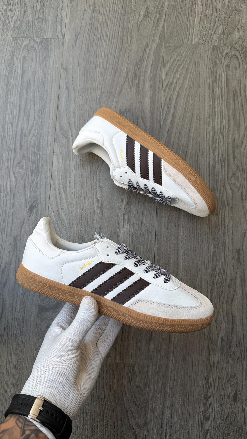 Adidas Samba off-white and brown colorway.