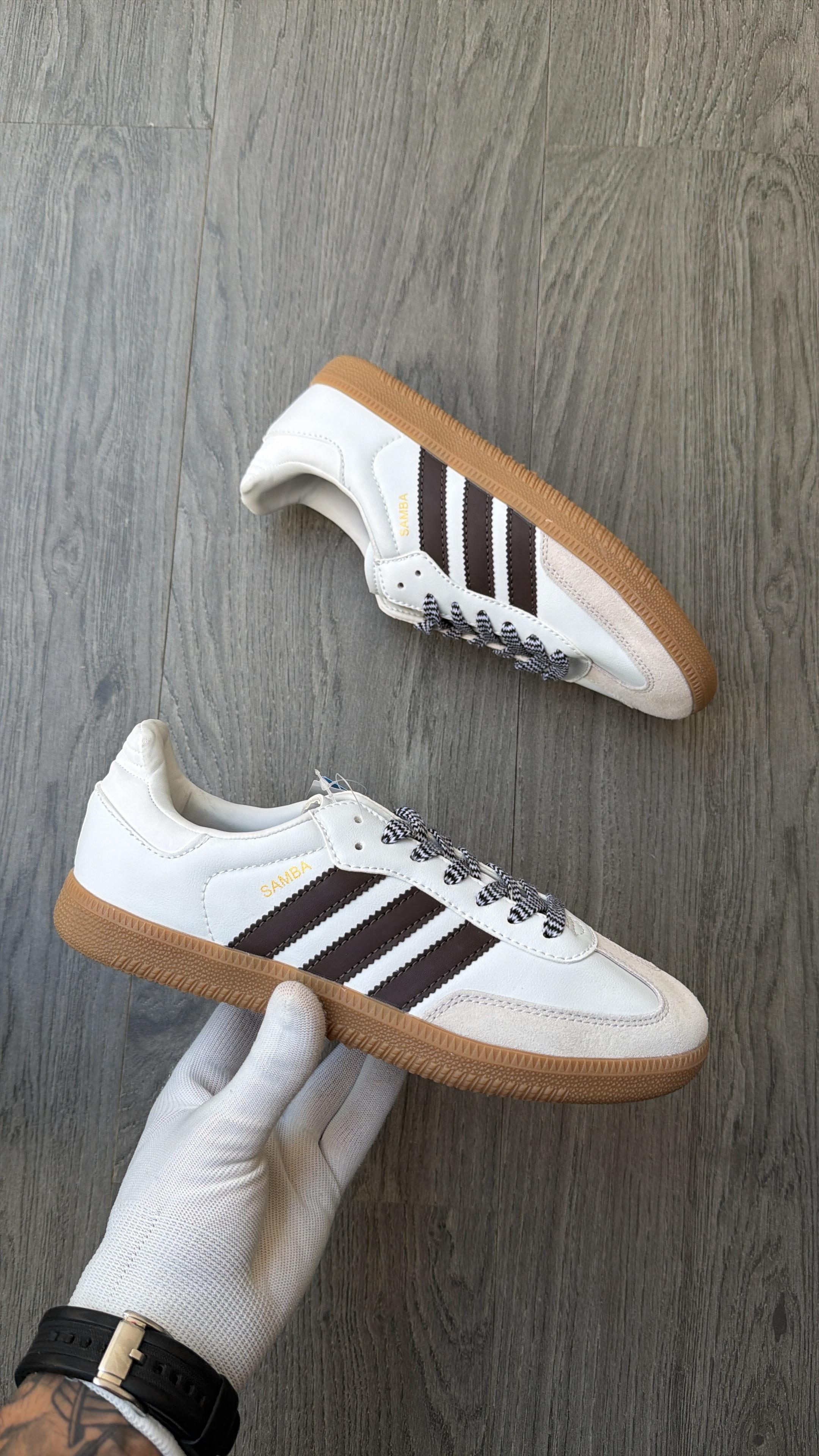 Adidas Samba off-white and brown colorway.